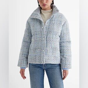 Express Blue Tweed Puffer Jacket